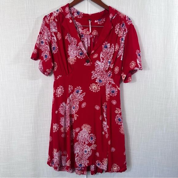 Free People Blue Hawaii Collared Short Sleeve Red Mini Dress Size L - Picture 5 of 16